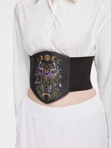 ROMWE Goth Áo corset da co giãn màu tối, thêu họa tiết lá, trăng và hoa, kiểu dáng trang trí, thích hợp mặc hàng ngày, kèm quần jeans. - Màu đen da bướm đêm lá hoa mặt trăng thắt lưng - Xem 3