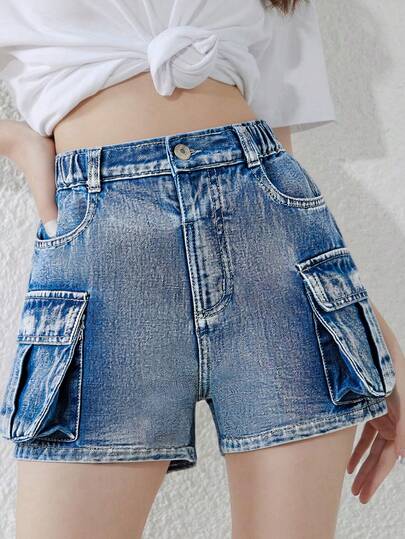 Tween GirlsDenim Cargo Shorts, Retro Streetwear Casual Fashion, High Waist Design With Multiple Pockets, Stretchy Waistband For Comfort, Loose Fit Flattering Style, Suitable For Daily Outings, Hiking Or Vacation, Easy To Create American Casual Look