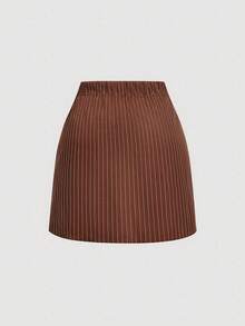 SHEIN MOD 大码女式条纹休闲百搭通勤迷你裙 - 棕色 - 查看 2