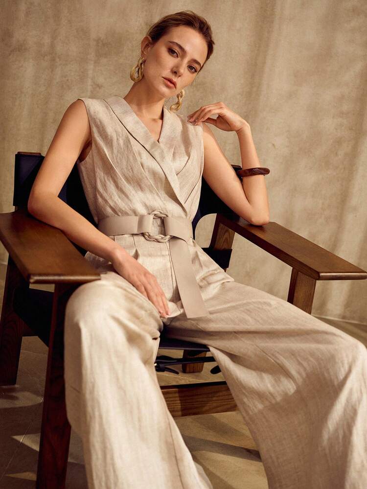 LINEN SLEEVELESS JUMPSUIT WITH BELT, VINTAGE STYLE, SPRING/SUMMER
