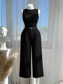SHEIN MOD 加大码 1 件女式黑色褶皱宽腿宽松连体裤配腰带，休闲风格，新年，情人节 - 黑色 - 查看 1