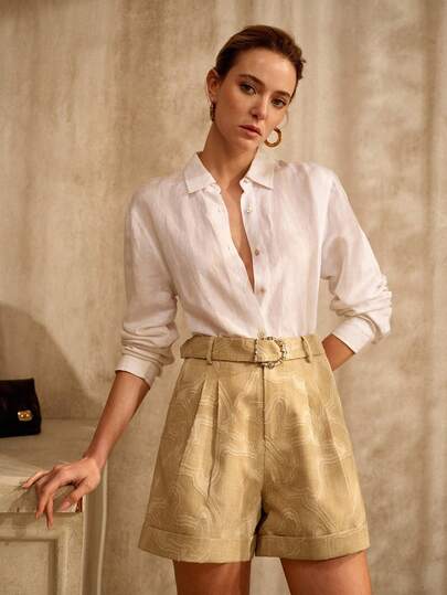 MOTF PREMIUM WOMEN'S APRICOT-COFFEE TEXTURED METAL DECOR JACQUARD BELTED SHORTS