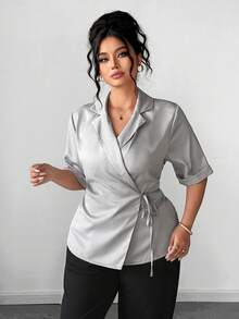 Elenzga Fashionable Casual French Retro Elegant Commuter Bow Tie Collar Half Sleeve Blazer - Light Grey - View 6