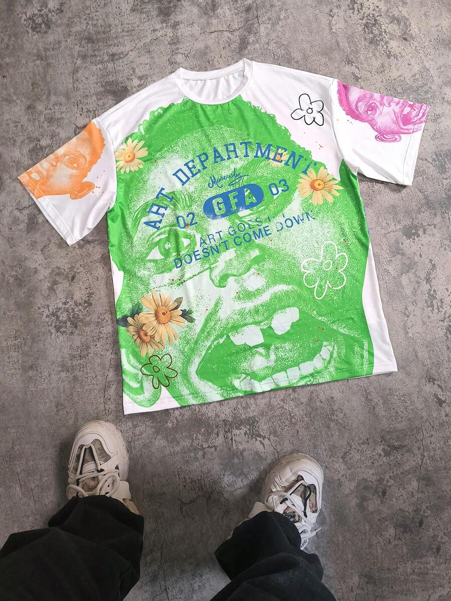 SHEIN Y2K街头风趣味印花，创意独特印花T恤，时尚嘻哈男士T恤，趣味复古T恤，常规版型，街头风格，数码印花，理想礼物。 - 彩色 - 查看 1