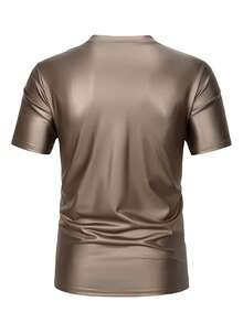 Manfinity Roughcore Men's PU Leather T-Shirt Coffee Brown,Autumn,Chique,Party Solid Color V Neck Short Sleeve Breathable Polyester Fiber Tops For Men - Gold - View 2