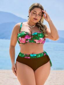 Swim Lushoire Bộ đồ bơi nữ cỡ lớn 2 mảnh in họa tiết cây nhiệt đới ngẫu nhiên, áo bất đối xứng có bèo nhún và quần tam giác cạp cao, thích hợp cho kỳ nghỉ và mặc hàng ngày. - màu nâu - Xem 7
