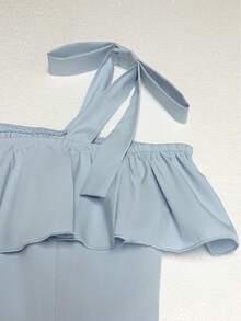 EMERY ROSE Women's Solid Color Off-Shoulder Ruffle Hem Summer Fashion Blouse - Blue - View 5