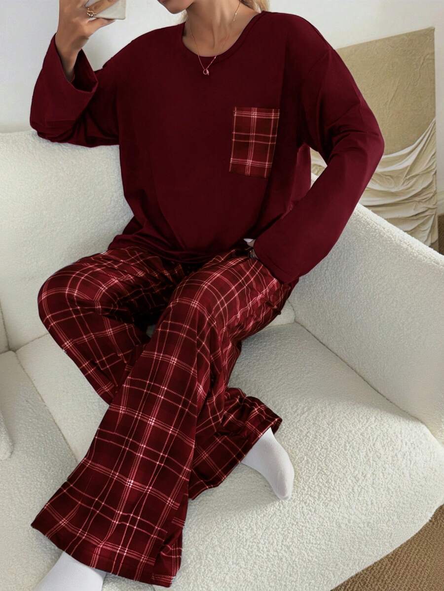 Dream Adore Women's Casual Loose Plaid Print Pajama Set - Burgundy - View 1