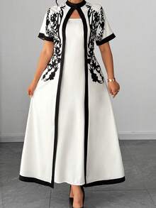 Elenzga Fashionable Casual Vacation Elegant Retro French Style Waist Cinched Floral Print Dress - Apricot - View 6