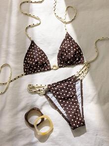 Swim Mod 女士波点印花挂脖系带比基尼两件套泳衣，海滩度假，春夏款 - 棕色 - 查看 2