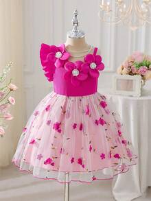 Elladie kids Đầm công chúa dáng chữ A thanh lịch, ngọt ngào, dễ thương cho bé gái, kiểu dáng bất đối xứng vai, tay ngắn, họa tiết hoa, thắt eo, thích hợp cho các dịp lễ, tiệc tùng, kỳ nghỉ hè. - Màu Hồng Tươi - Xem 4
