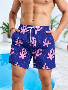 Manfinity Swimmode Men's Drawstring Waist Pockets Casual Versatile Vacation Beach Shorts - Navy Blue - View 1