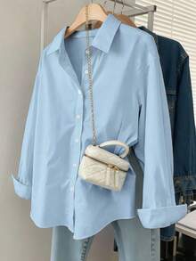Resyla Áo sơ mi nữ cổ bẻ dáng thường ngày, thích hợp cho mùa xuân/thu, phù hợp cho mùa tựu trường, ngày Nhà giáo, các hoạt động ngoài trời, màu xanh da trời nhạt. - Nhiều màu - Xem 6