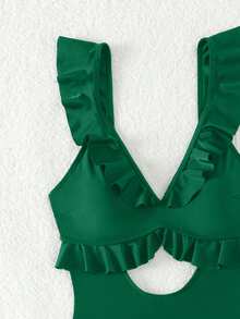 Swim Basics 女士纯色荷叶边镂空连体泳衣，休闲沙滩泳池装 - 墨綠色 - 查看 6