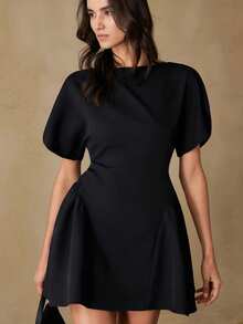 Femmeiva Elegant Black Summer Short Sleeve Dress,Puffy Puff Sleeve Design,Loose A-Line Luxury Cinched Waist Ruched Hem Dress For Dinner Date Party - Black - View 4