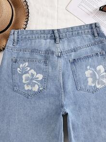 Rivivi Women's Casual Washed Denim Straight Leg Shorts Jeans With Designs Light Wash Jeans Flower Print Jeans - Light Wash - View 1