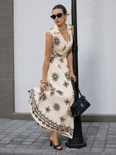 Opuloom New Vintage Print Deep V-Neck Hollow Out Waist Maxi Dress, Elegant Casual Vacation Date Party Commute, Spring/Summer