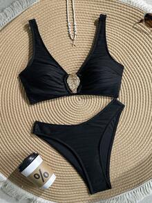 Swim Basics 2026 New Women Summer Beach Vacation Solid Color Metal Decor Backless High Waist Bikini Set 2pcs - Black - View 1
