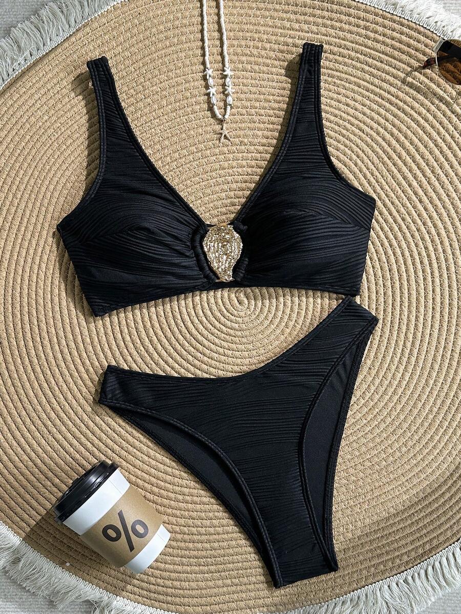 Swim Basics 2026 New Women Summer Beach Vacation Solid Color Metal Decor Backless High Waist Bikini Set 2pcs - Black - View 1