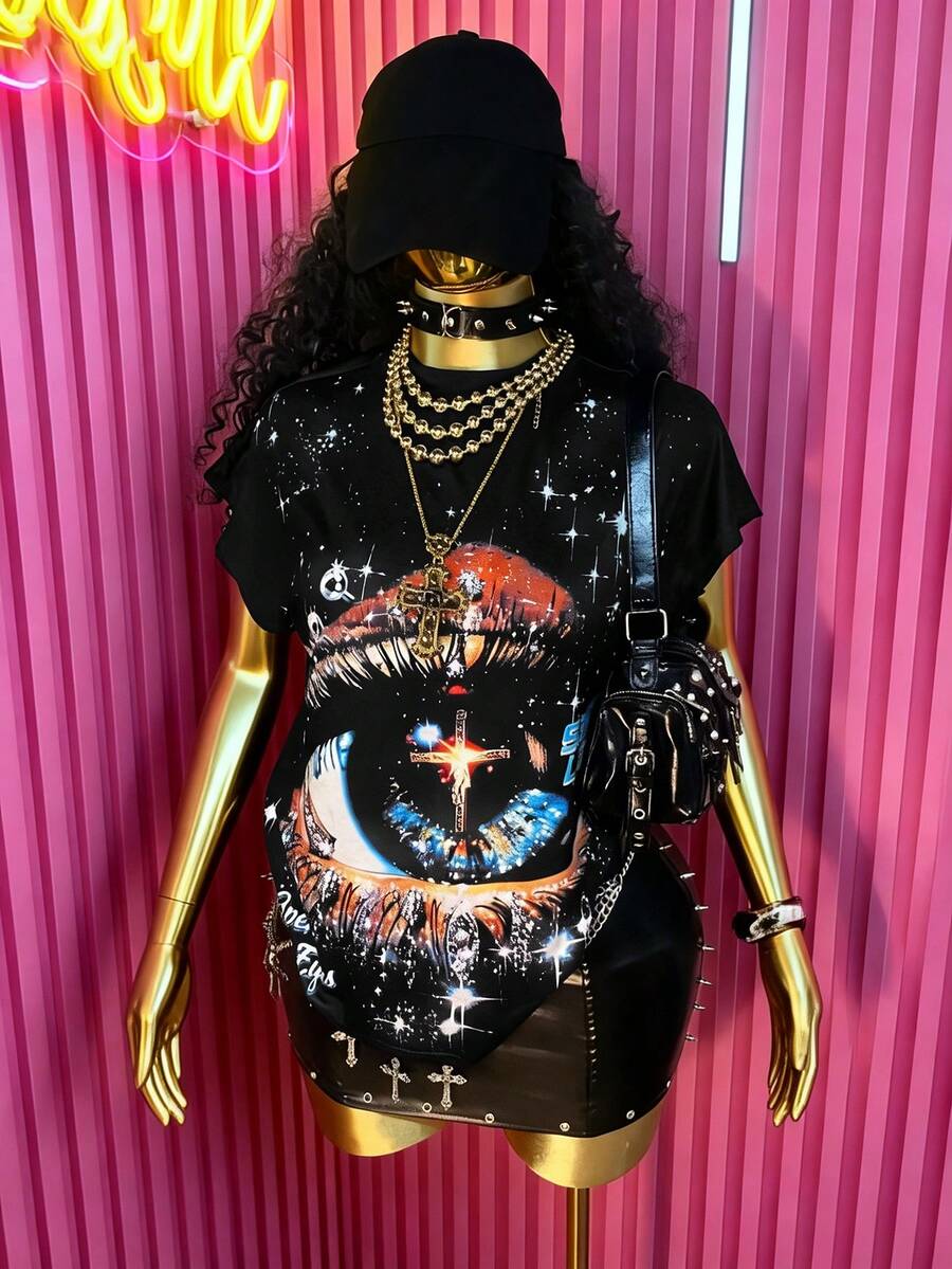 Rovax Women's Y2K Summer Casual Vest With Letter And Eye Print, Round Neck, Sleeveless Design, 2000s Style, Suitable For Street Wear, Casual Occasions, Music Festivals, Commuting, And Everyday Wear. - Multicolor - View 1