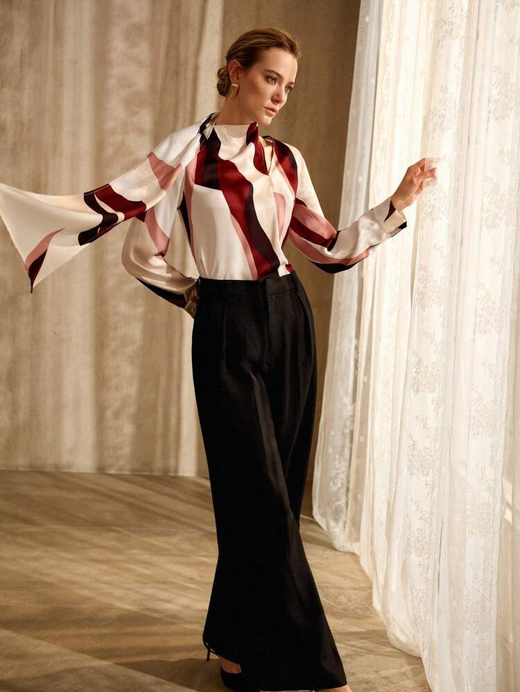 VINTAGE-STYLE COLOR BLOCK PRINT TIE NECK LONG SLEEVE SATIN BLOUSE, SPRING/SUMMER