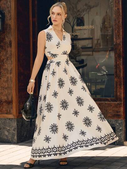 Opuloom New Vintage Print Deep V-Neck Hollow Out Waist Maxi Dress, Elegant Casual Vacation Date Party Commute, Spring/Summer