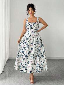 Elenzga 大码女式新款优雅休闲百搭印花方领连衣裙，春夏款 - 白色 - 查看 8