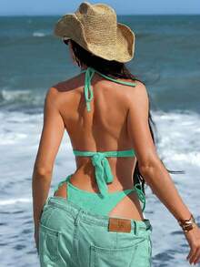 Swim SXY Women's Solid Color Halter Draped Backless Top And Knotted Triangle Bottoms Sexy Bikini Set - Green - View 2