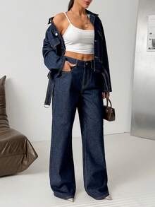 SHEIN Denim Woman Two Pieces Set High Waist Denim Jean And Denim Belted Jacket - Dark Wash - View 6