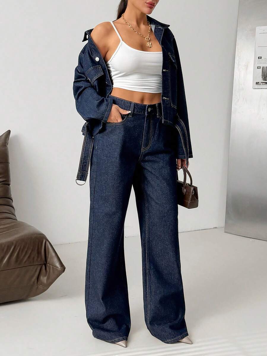 SHEIN Denim Woman Two Pieces Set High Waist Denim Jean And Denim Belted Jacket - Dark Wash - View 1