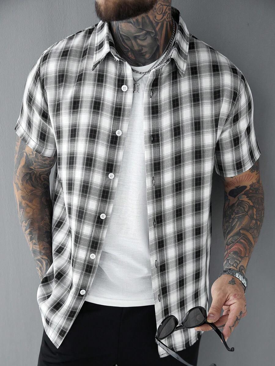 SLATEMANN 男士休闲衬衫，采用INS风图案面料，适合送给男友或老公，日常通勤和外出穿着。 - 黑色 - 查看 1