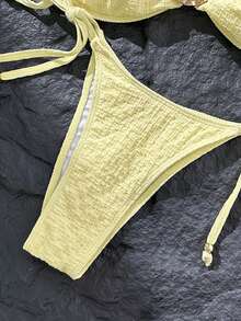 Swim Mod Conjunto de bikini con tirantes de espagueti y decoración metálica de tela jacquard para mujer, primavera/verano - Amarillo - Ver 6