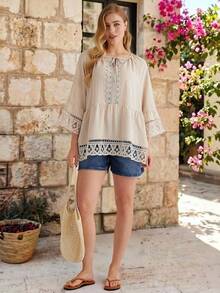 Parysyn Áo sơ mi dệt kim cỡ lớn, kiểu dáng thường ngày, thích hợp cho kỳ nghỉ mùa thu. - Màu be - Xem 3