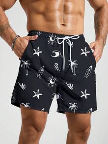 Manfinity Swimmode Quần short nam in hình sao biển và cây dừa, cạp chun có túi, kiểu dáng thường ngày, đa năng, thích hợp đi biển. - màu đen - Xem 4