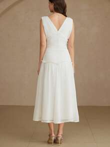Aveloria Rosie Lightweight Chiffon Fabric, Pure White, Minimalist Modern Style, Deep V-Neck Design, Ruched Waist Element, Ruffled Hem, Soft Material, A-Line Floating Silhouette, Elegant Flowing Feel, Slimming Fit, Romantic Date, Summer Party, Beach Vacation, Bridesmaid, Art Exhibition, Evening Gala, Multi-Occasion Suitable. Fashionable Design Sense, Versatile Casual Women V-Neck Ruched Waist Sleeveless Long Dress - White - View 2