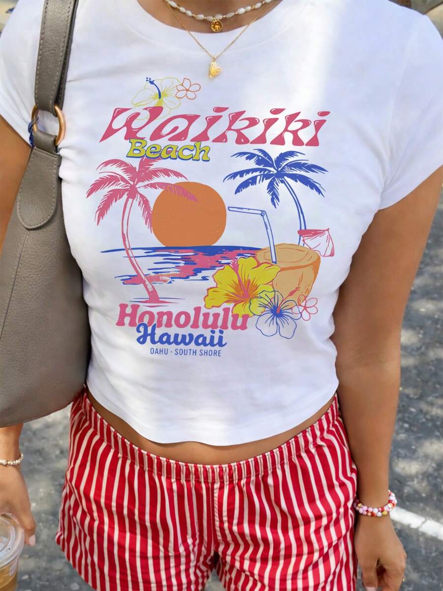 SHEIN Women's Round Neck Letter & Coconut Tree Print Casual Versatile Daily Wear Short Sleeve T-Shirt - White - View 1