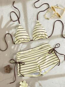 Swim Mod 2pcs Women's Striped & Random Print Halter Backless Top + Side Tie Shorts Elegant Sexy Fashion Beach Vacation Bikini Swimwear Set, Spring/Summer - Light Yellow - View 1