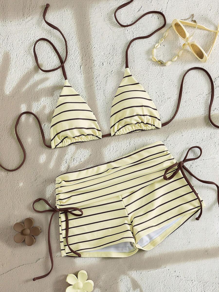 Swim Mod 2pcs Women's Striped & Random Print Halter Backless Top + Side Tie Shorts Elegant Sexy Fashion Beach Vacation Bikini Swimwear Set, Spring/Summer - Light Yellow - View 1