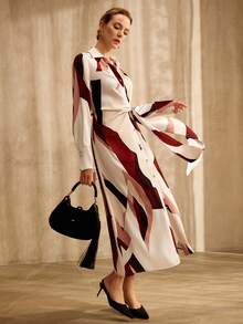 MOTF PREMIUM GEOMETRIC COLOR BLOCK PRINT LONG SLEEVE SHIRT DRESS, VINTAGE STYLE, SPRING/SUMMER - Multicolor - View 1
