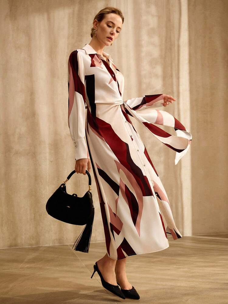 GEOMETRIC COLOR BLOCK PRINT LONG SLEEVE SHIRT DRESS, VINTAGE STYLE, SPRING/SUMMER