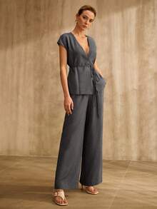 MOTF PREMIUM WOMEN'S BLUE BELTED SLEEVELESS TOP & WIDE LEG JEANS , SPRING/SUMMER DENIM SET - Blue - View 4