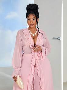 Maweii Plus Size Women Deep V-Neck Ruffle Hem Long Top And Wide Leg Pants Casual Suit Fall - Dusty Pink - View 1