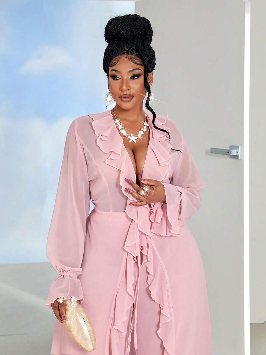 Maweii Plus Size Women Deep V-Neck Ruffle Hem Long Top And Wide Leg Pants Casual Suit Fall - Dusty Pink - View 1