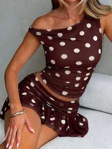 Avenya 2pcs/Set White Polka Dot Asymmetric-Shoulder Top And Low-Waist Skirt Night Out Summer Sexy - Brown - View 6