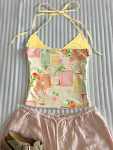 Glimmora 女士夏季度假热带水果椰树海滩度假两件套露背上衣，休闲百搭，完美适用于度假、海岛旅行、派对、日常穿着和休闲活动 - 彩色 - 查看 3