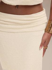 Normani 女士夏季度假纯色华夫格美人鱼裙摆半身裙 - 杏色 - 查看 7