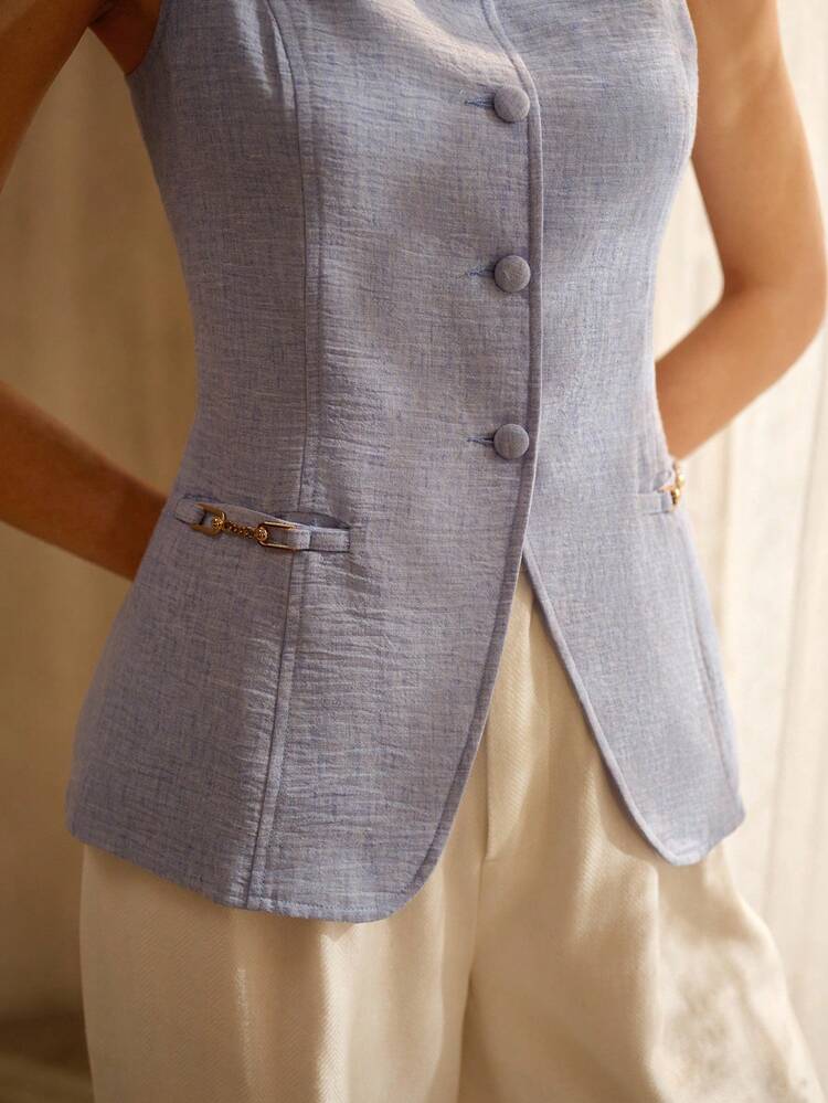 Damen lässiges blaues ärmelloses Top mit Metallknopf-Dekor