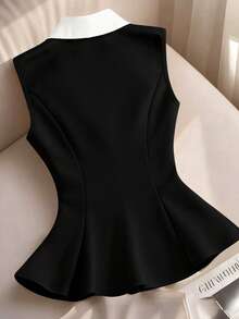 GlowEve CURVE Áo vest nữ cỡ lớn kiểu dáng công sở phối màu, cổ áo vá, nơ và khuy trang trí. - Đen và trắng - Xem 2