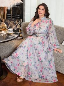 Modelyn Plus Size Women Floral Print Pleated Elegant Waist Cinched Party Dress - Light Grey - View 7