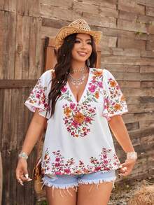 Ceyna Blouse à col V à manches courtes, style bohème, imprimé multicolore en faux lin, pour femmes, printemps/été - Multicolore - Voir 6